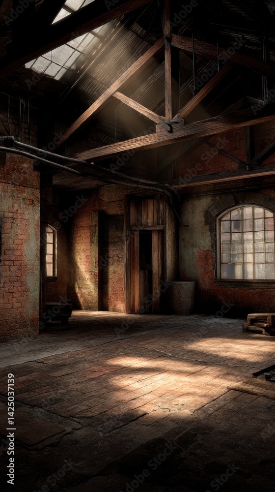 Poster interior of a worn warehouse with sunlight shining through windows creating an atmospheric mood