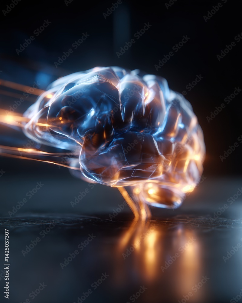 Poster artistic depiction of a brain illuminated with blue and orange light against dark elegant background