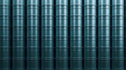 A series of stacked teal barrels arranged in a uniform pattern, showcasing an industrial storage setting.