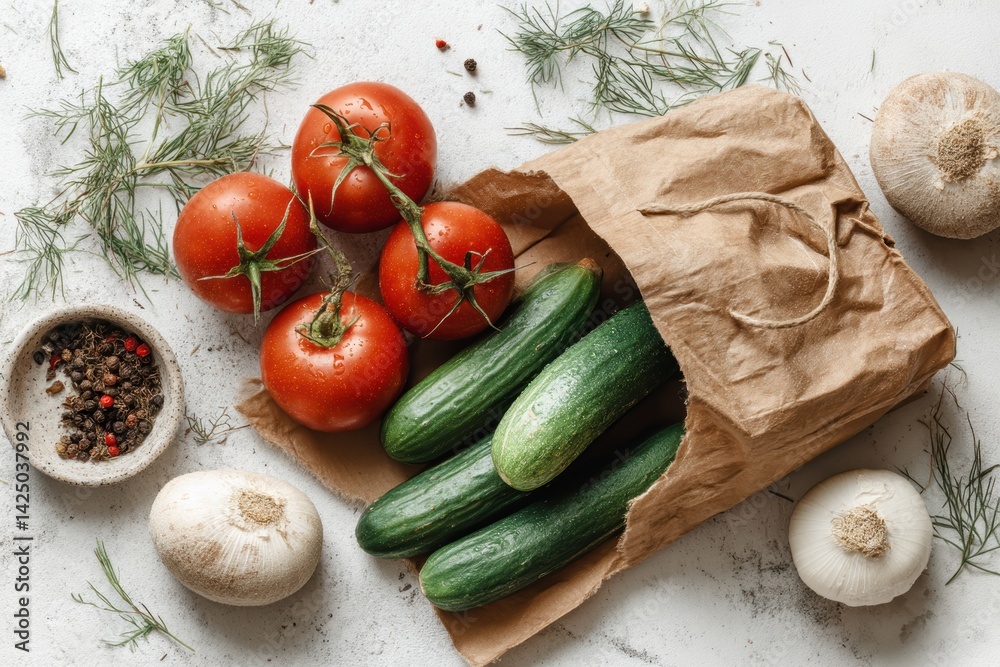 Poster fresh harvest vegetables on white background tomatoes cucumbers and garlic in rustic scene