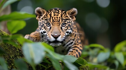 Obraz premium A close-up view of a wild cat cub amidst lush green foliage. The cub's spotted fur contrasts with the green leaves blurred in the background. The image captures the cub's alert gaze