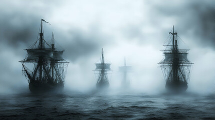Mysterious ships in a foggy sea; evocative scene of ancient sailing vessels navigating a turbulent ocean; suitable for backgrounds for stories, games, or posters