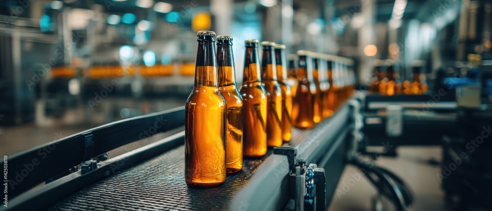 Poster automated bottling process in a modern brewery, glass bottles filled with amber liquid on conveyor b