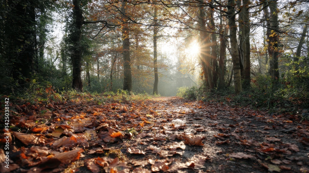 Poster serene autumnal forest path illuminated by sunlight through canopy leaves falling forest floor persp