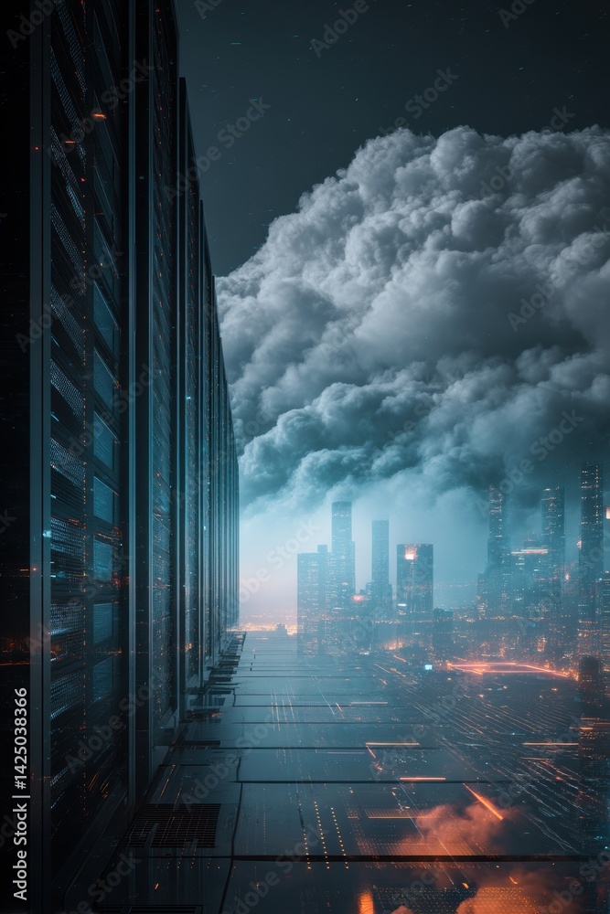 Aufkleber futuristic data center cityscape with server racks cloudscape and orange hues evoking innovation and