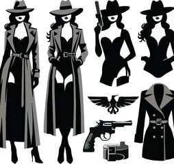 Silhouette Femme Fatale: A stylized collection of bold black and white silhouettes, evoking an aura of mystery and intrigue, hinting at a dangerous woman with a blend of elegance.