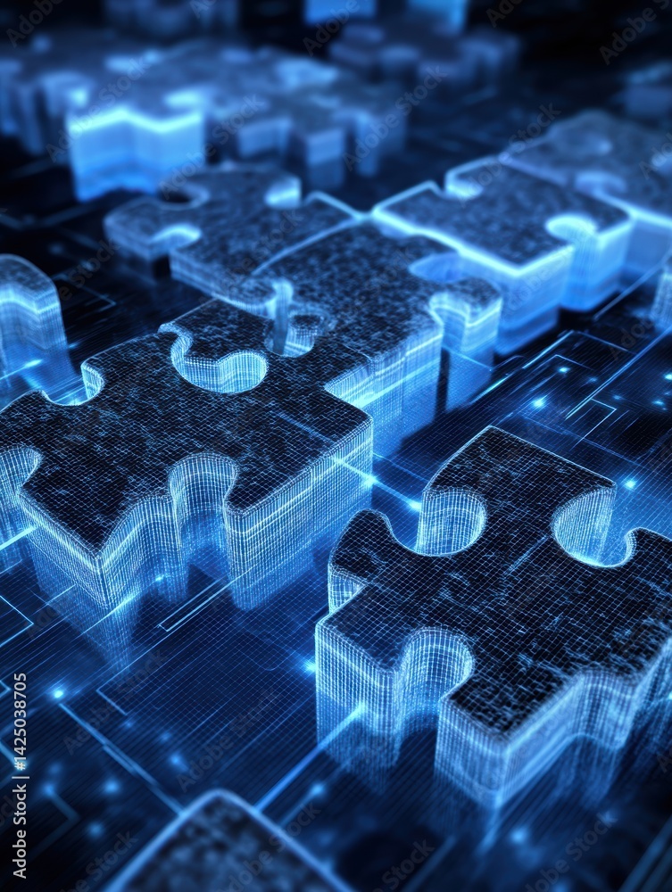 Poster Futuristic puzzle composition illuminating connection strategy and artificial intelligence concept