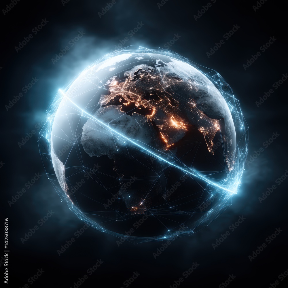 Poster Abstract earth illustration with network lines symbolizing global connectivity innovation and communication technology on dark background