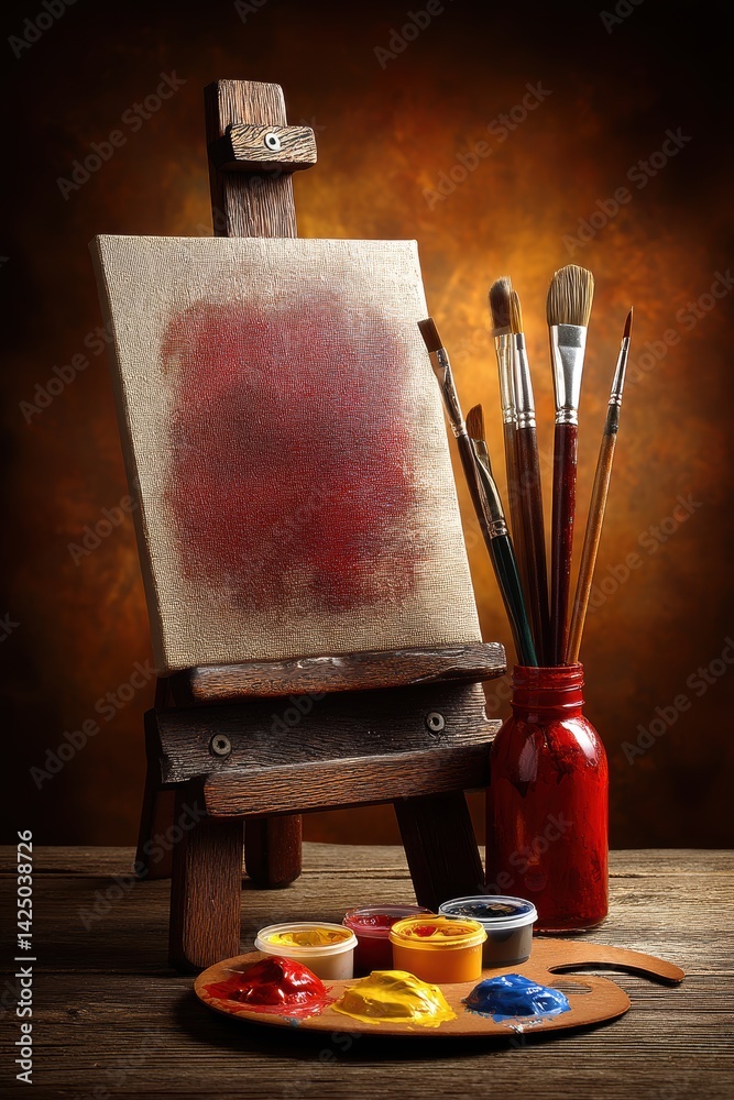 Aufkleber artistic still life of painting tools arranged on a rustic table with warm lighting and a moody back