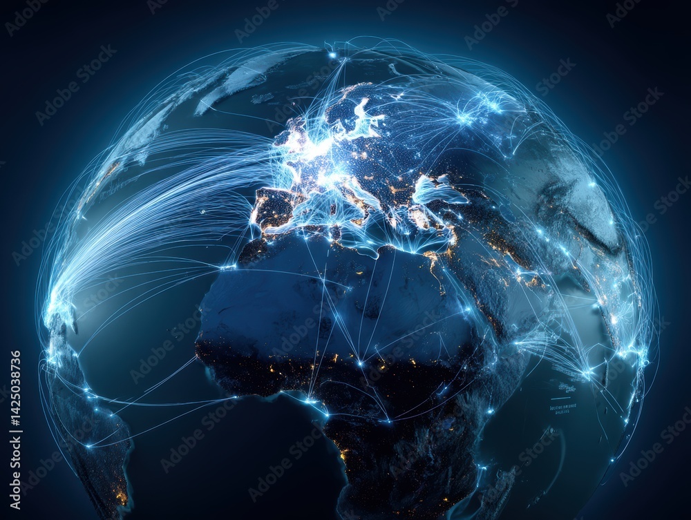 Aufkleber interconnected world network of global data transfer and communication over planet earth at night