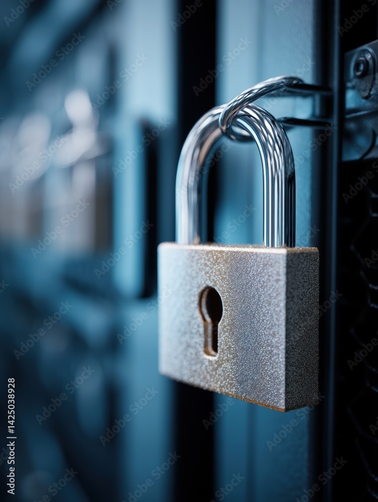 Poster Securing Data Server Room with Metal Padlock in Server Rack for Network Protection in Modern Technology