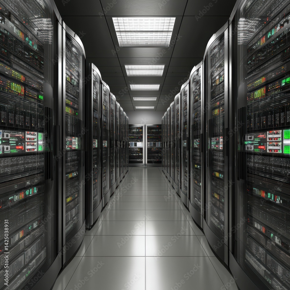 Fototapete Data center corridor with rows of servers featuring futuristic design smooth reflections technology power backup storage