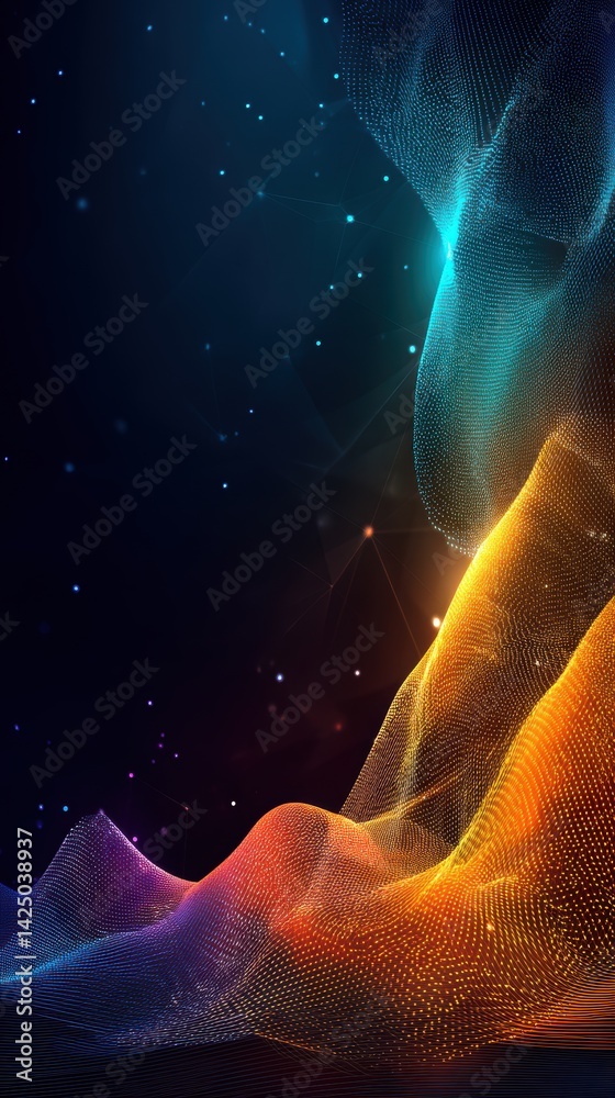 Poster Abstract mesh with vibrant colors creating a dynamic and futuristic landscape in dark background ideal for technology backdrop
