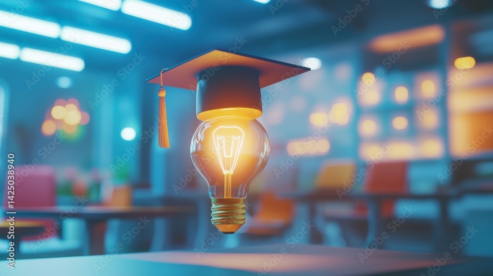Poster illuminated lightbulb with graduation cap in modern office setting.