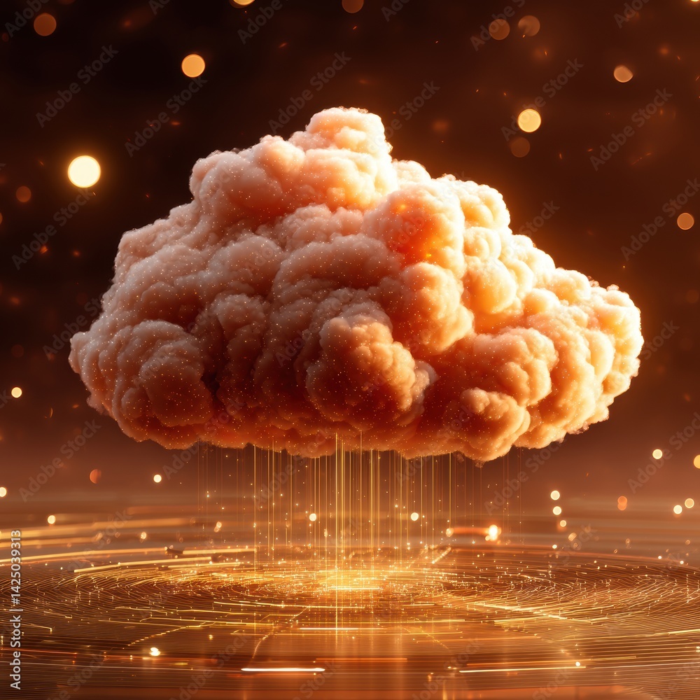 Poster Ethereal cloud with golden data streams merging with abstract futuristic landscape in a warm ambience