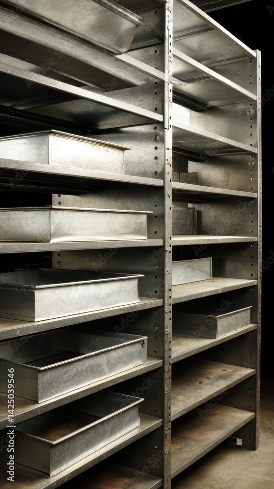 Poster metal shelves showcasing various containers in an industrial storage unit simple composition moody l
