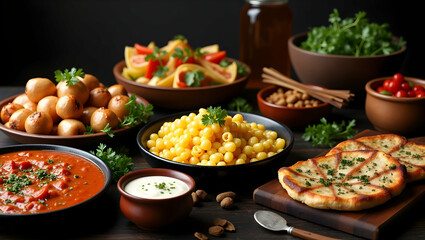 A Delightful Array of Mediterranean Dishes, A Culinary Journey of Flavors and Textures Displayed Artistically on a Rustic Wooden Table Setting