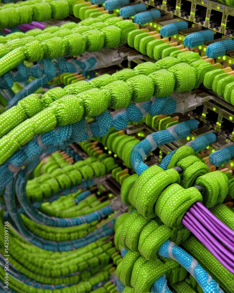 Poster Close up on colorful data cables connected to server racks in a network environment vibrant connectivity