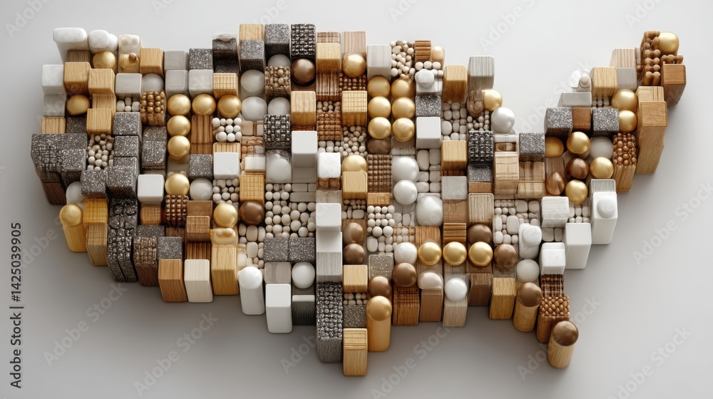 Poster unique usa map constructed from wooden blocks symbolizing software development and coding in a creat