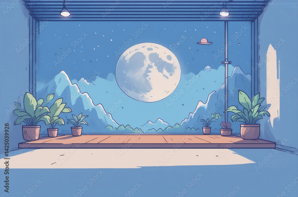 Poster serene night scene; a minimalist room with a large moon and mountain mural. plants on a wooden platf