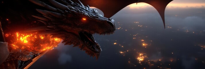 A digital artwork showcasing a creature soaring above a city at dusk with fiery details and glowing eyes against a dark sky filled with clouds. The fiery elements on the creature's body create a