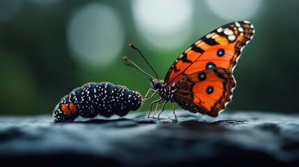 A vibrant orange butterfly rests near a patterned caterpillar on a textured surface set against a blurred green backdrop suggesting a natural environment