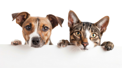 Dog and cat peeking over a blank white board isolate on white background