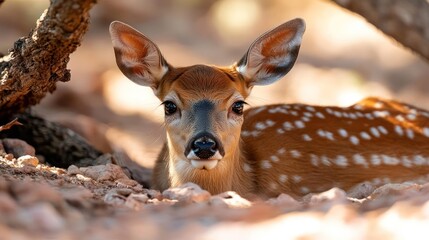 A young deer fawn with spotted coat resting under tree shade on brown earth background in natural habitat portrait