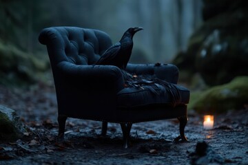 A black crow perched on a dark tufted armchair amidst a forest setting. The scene evokes a mysterious atmosphere with a candle and dim lighting