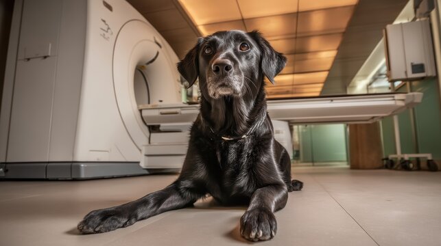 Canine patient near medical scanner equipment in bright medical office with a curious dog mood and neutral color background