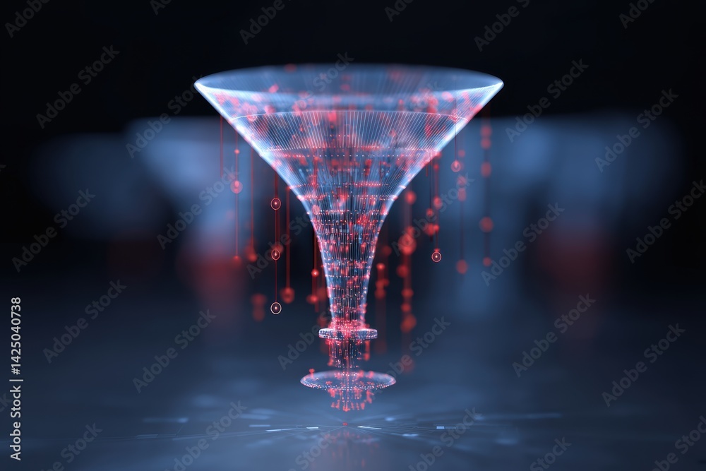 Poster Abstract technology visualization of data funnel with red particles in dark blue background