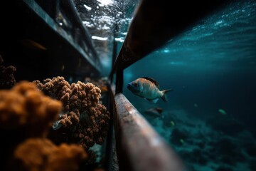Underwater view featuring coral and fish swimming near a metal structure illuminated by sunlight. The water is clear and turquoise