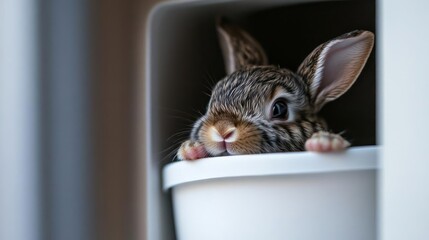 Close-up of a speckled rabbit peeking out from a white container. Shallow depth of field enhances the focus on the animal's face and eyes, with soft background