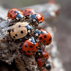 Group of insects resting on a weathered wooden surface captured in sharp focus against a blurred background showcasing vibrant red and black colors and delicate details