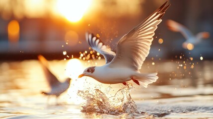 Close-up shot of birds in flight above water surface with sun flare creating golden hour lighting. The birds are mid-flight with visible splashing and water droplets
