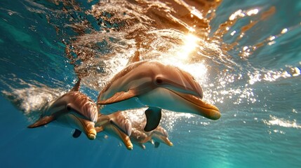 Underwater view of playful animals swimming towards the sun. Turquoise blue water and sunlight create a dynamic scene