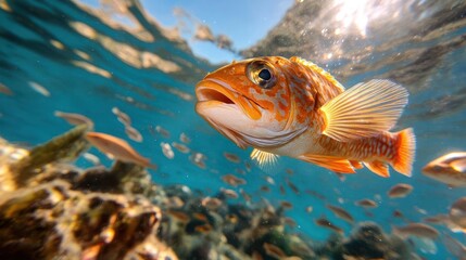 Underwater shot of an orange fish with detailed scales and fins swimming near the coral reef. Sun rays illuminate the water, creating a beautiful underwater scene