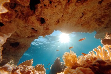 Underwater view of coral reef with fish swimming towards the bright sun filtering through the surface. The scene is bathed in vibrant blue and yellow hues with rich details of the ocean life