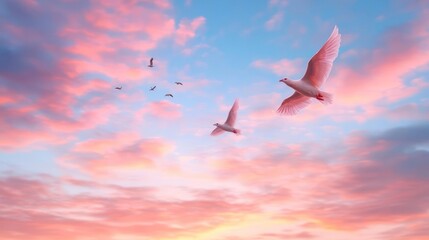 Two white birds soaring against a vibrant sunset sky filled with pink and blue hues. Several other birds are silhouetted in the distance adding depth to the scenic landscape