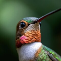 Close-up portrait of a hummingbird showcasing vibrant plumage a long beak and sharp details against a blurred green background