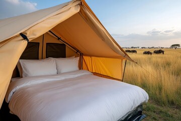 Interior view of a tent with a bed overlooking an african savanna with wild animals grazing during daytime
