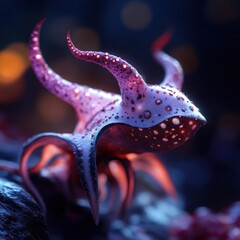 Close-up of a bioluminescent creature with a pinkish hue and spotted texture against a dark blurred background with warm bokeh lights