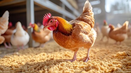 Close up of a brown chicken with a red comb standing on sawdust inside a coop with other chickens under the sunlight. Detailed shot of the bird with focus on its texture and features