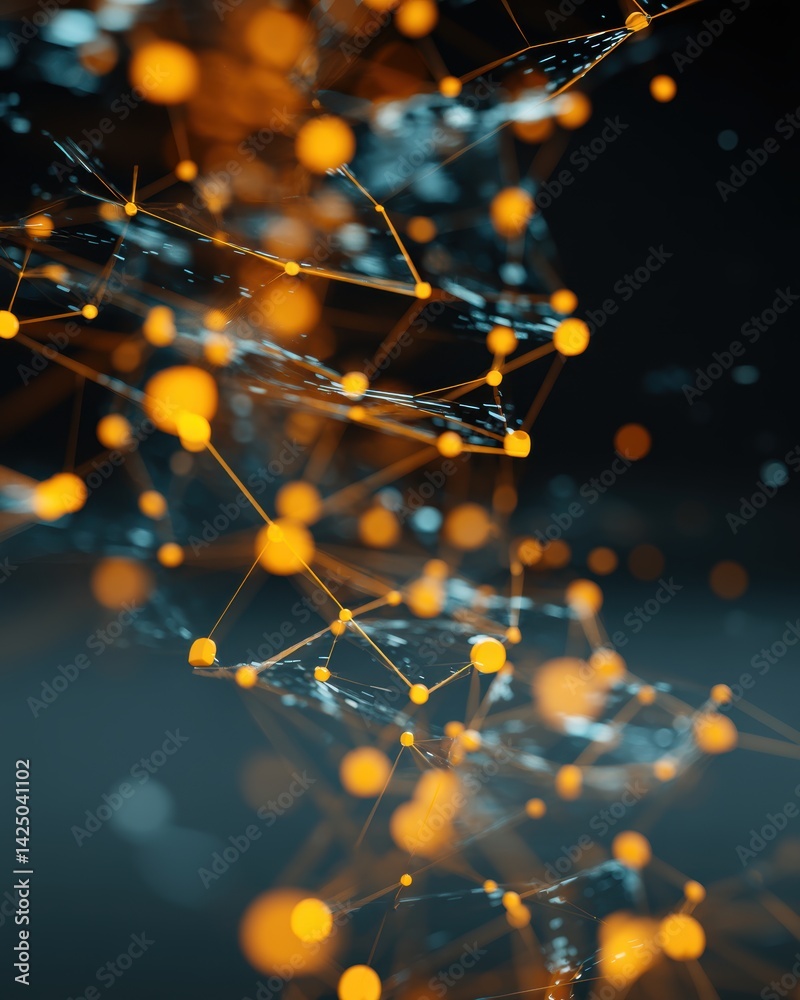 Leinwandbilder Dynamic abstract network of orange nodes and white lines against dark teal background technology concept