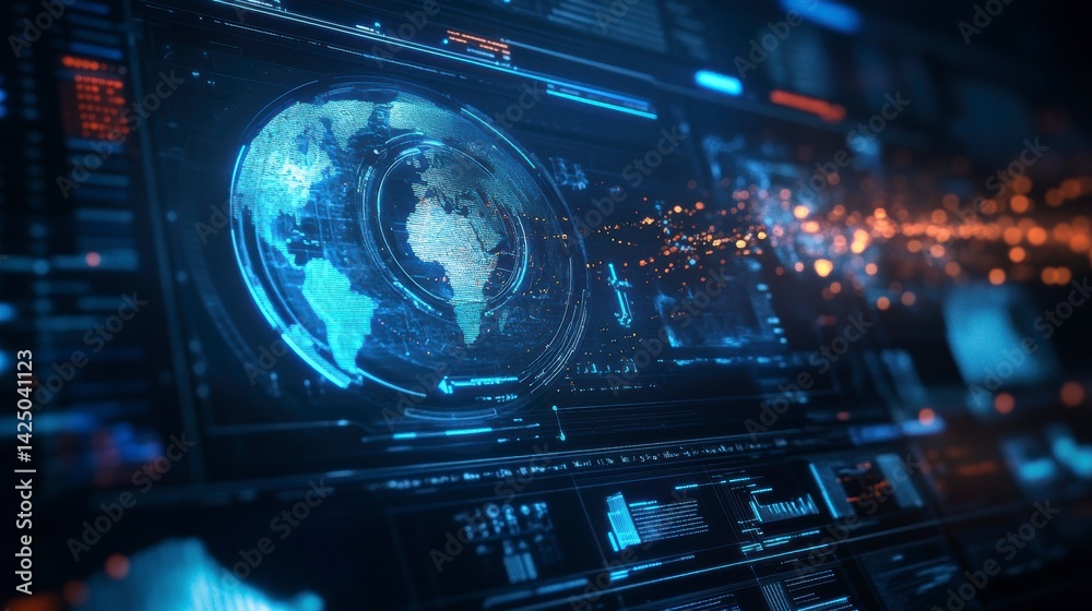 Poster Futuristic digital interface displaying a rotating 3D Earth model with data streams and graphs.