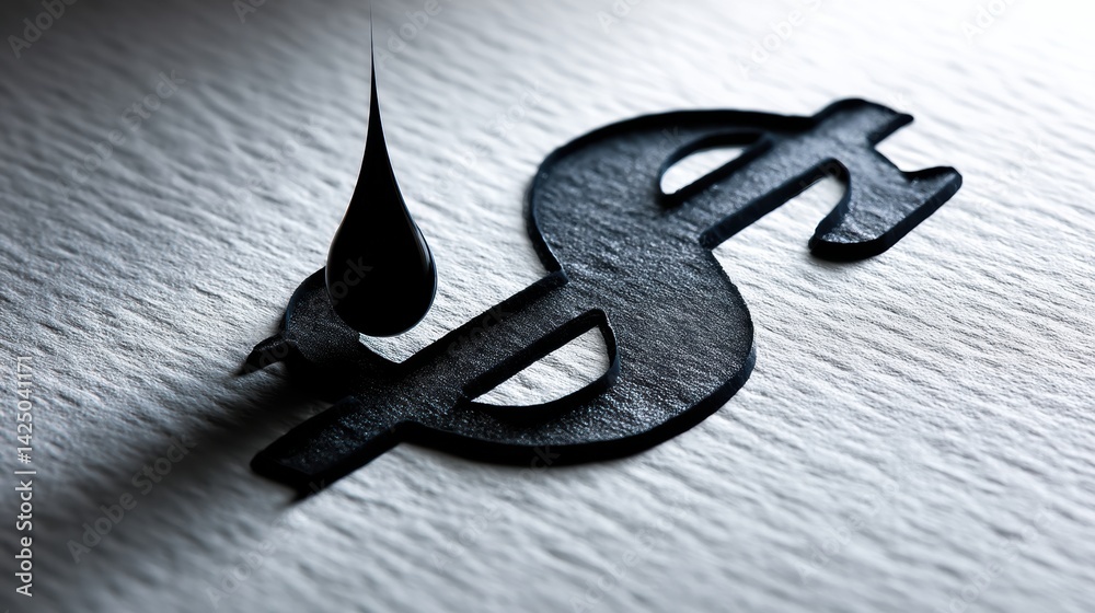 Poster black droplet creates dollar sign shadow on textured paper background highlighting themes of finance