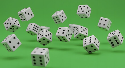 3D rendered white dices falling down on green surface, close up view