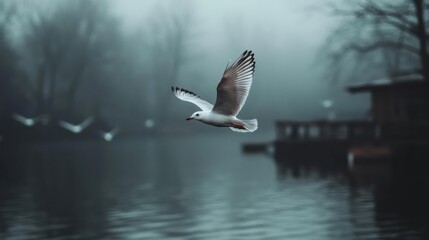 A bird in flight against a moody backdrop of a lake and misty atmosphere creating a scene of tranquility and freedom