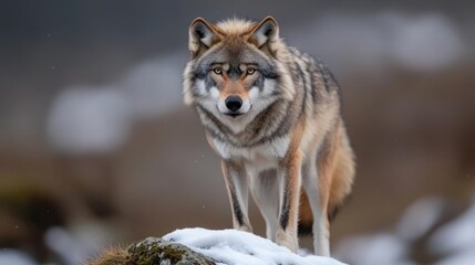 A lone animal stands alert on a snow-covered rock formation against a blurred forest backdrop. Its fur displays shades of brown gray and cream, with focused eyes and an intense gaze