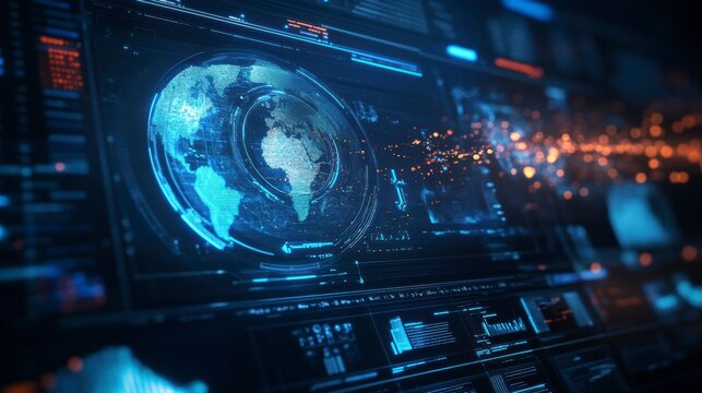 Futuristic digital interface displaying a rotating 3D Earth model with data streams and graphs. - Powered by Adobe